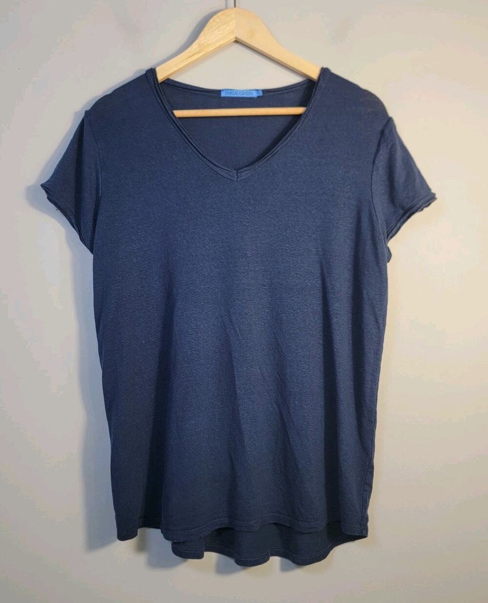 J. Mclaughlin L Linen Short Sleeve V Neck T Shirt Top Blue